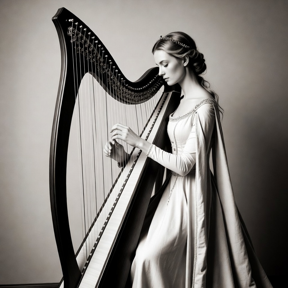 Woman playing harp in gown Woman playing harp in gown