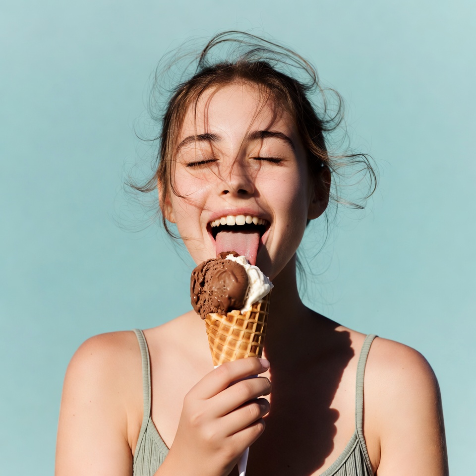 Girl eating chocolate vanilla ice cream cone Girl eating chocolate vanilla ice cream cone
