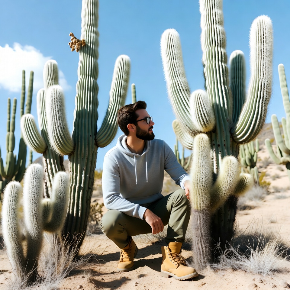 Man kneeling among saguaro cacti Man kneeling among saguaro cacti