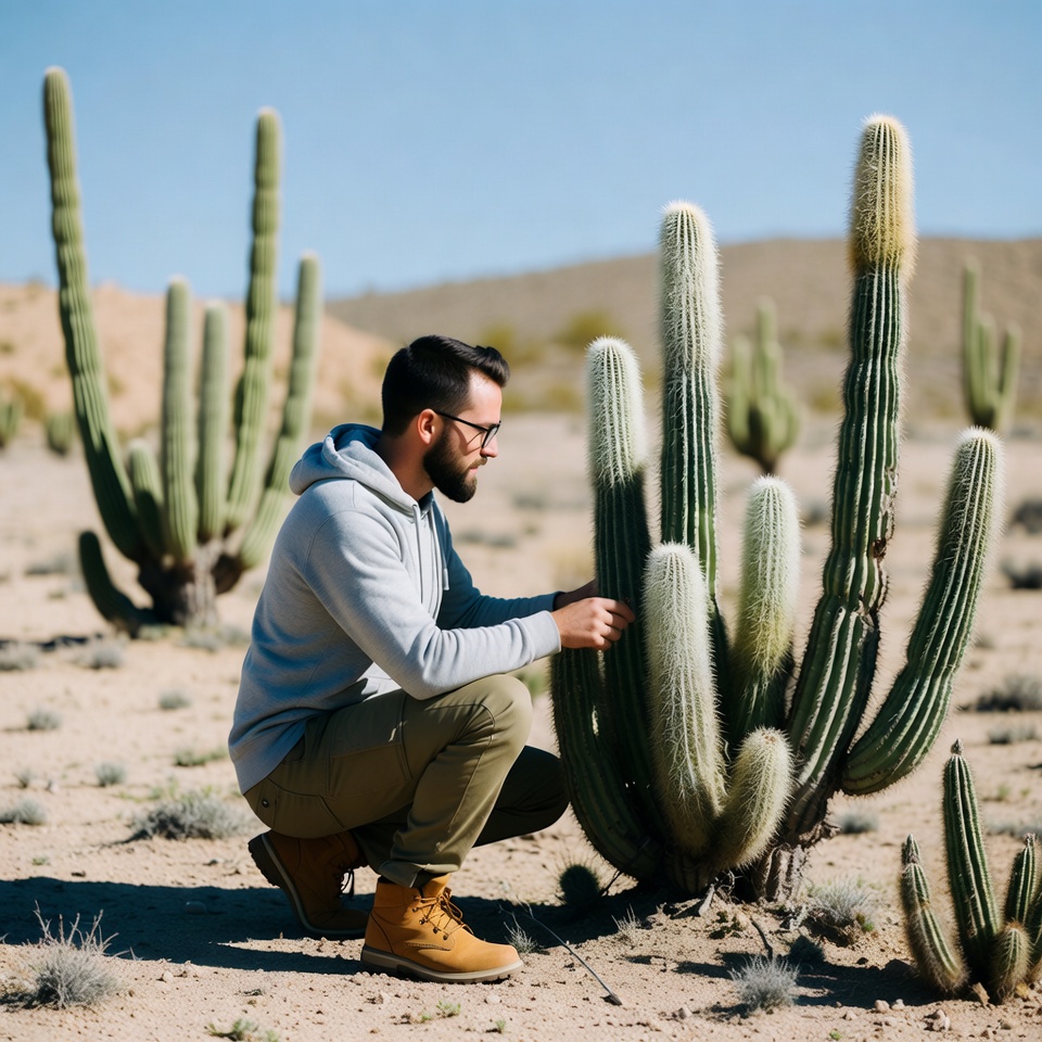 Man examining cactus in desert Man examining cactus in desert