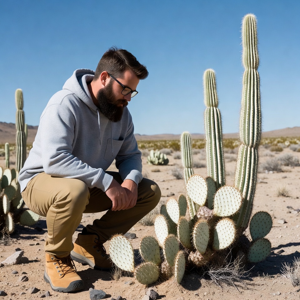 Man examining cacti in desert Man examining cacti in desert