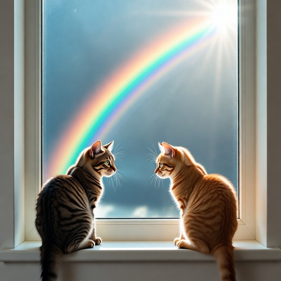 Two kittens watching rainbow through window Two kittens watching rainbow through window