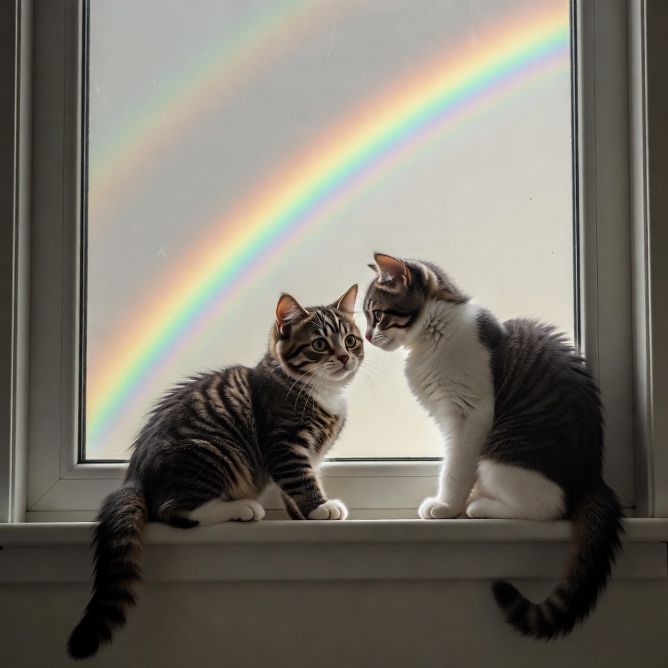 Two kittens watching rainbow through window Two kittens watching rainbow through window