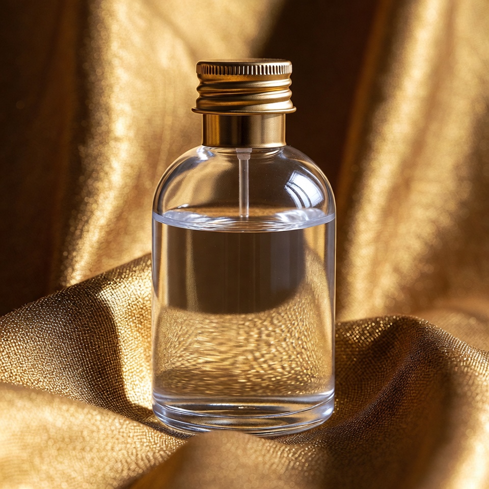 Clear Perfume Bottle on Gold Fabric Clear Perfume Bottle on Gold Fabric