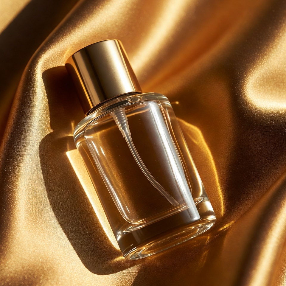 Perfume Bottle on Golden Fabric Perfume Bottle on Golden Fabric