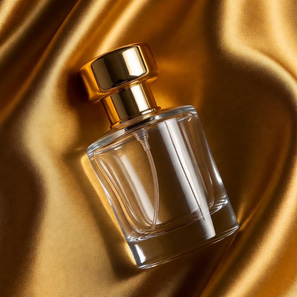 Luxury Perfume Bottle on Gold Fabric Luxury Perfume Bottle on Gold Fabric