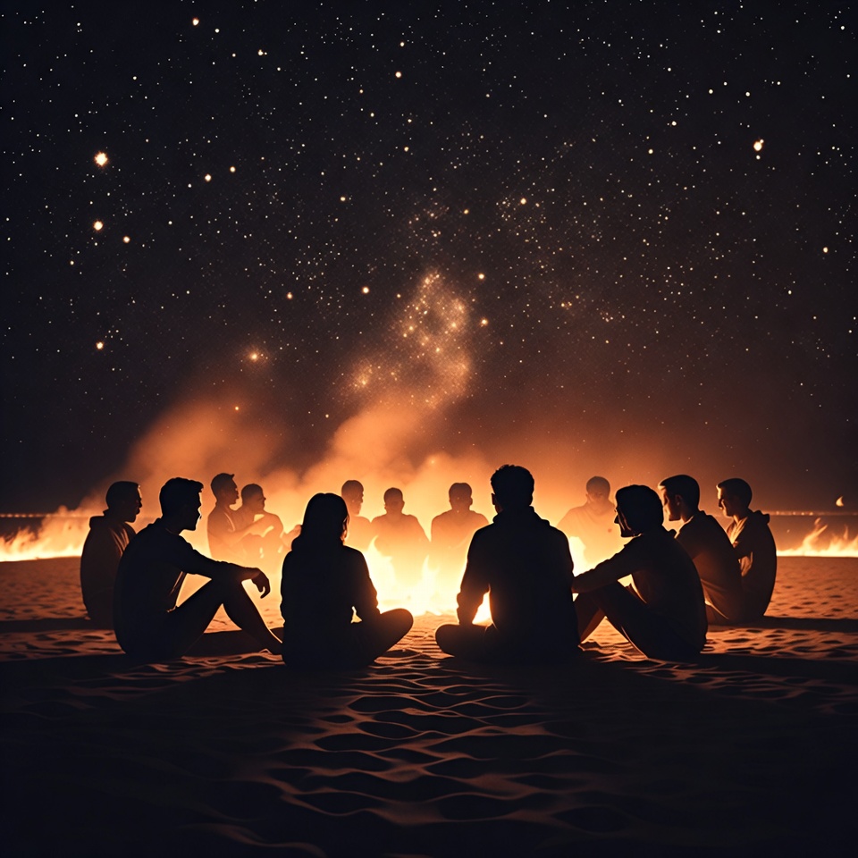 Group silhouetted around beach bonfire Group silhouetted around beach bonfire