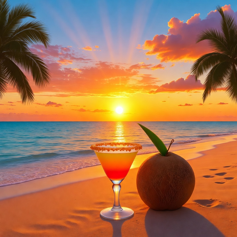 Margarita and Coconut on Tropical Beach Sunset Margarita and Coconut on Tropical Beach Sunset