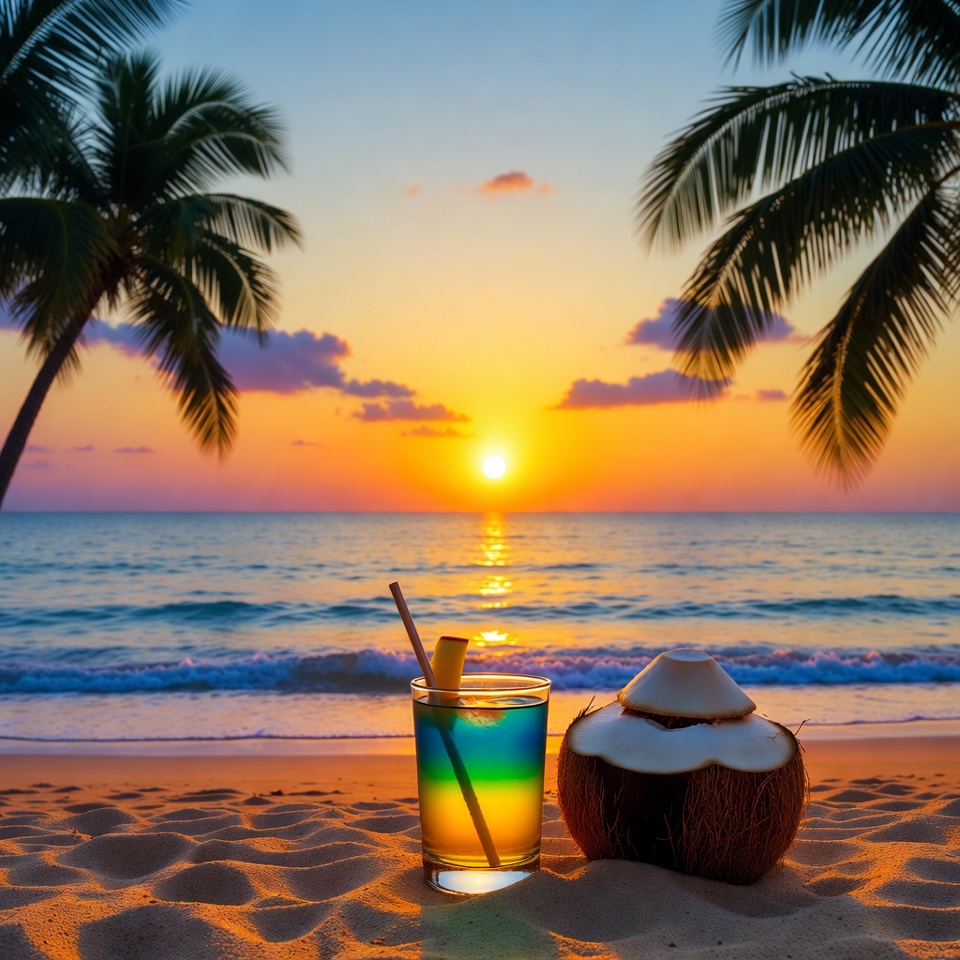 Tropical Coconut and Blue Drink on Beach Sunset Tropical Coconut and Blue Drink on Beach Sunset