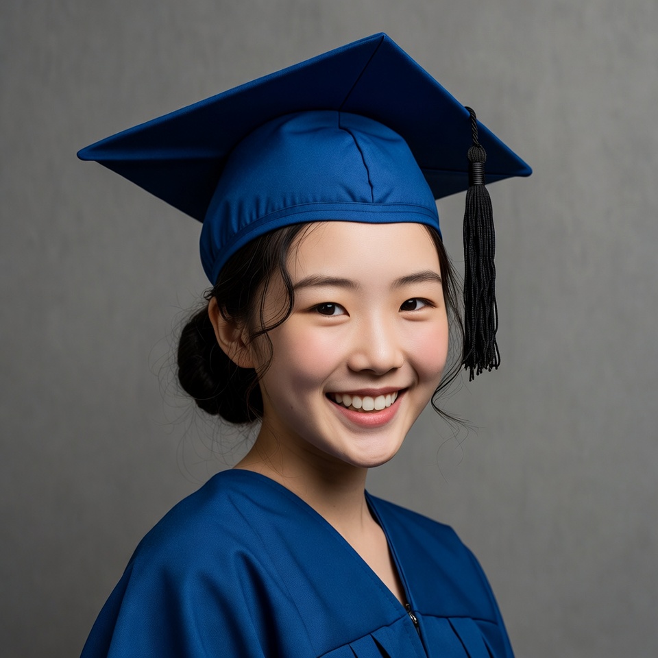 Asian woman in blue graduation gown Asian woman in blue graduation gown