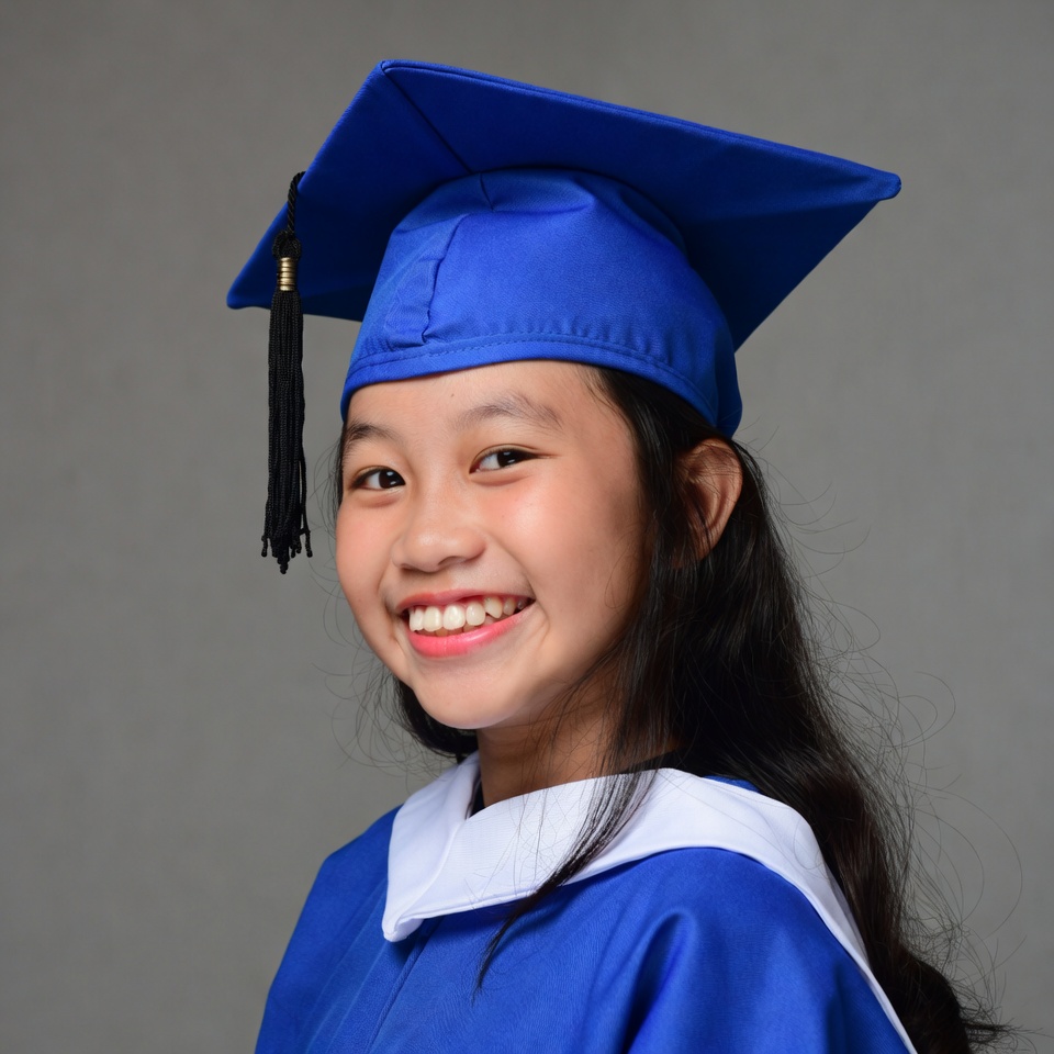 Asian girl in blue graduation gown Asian girl in blue graduation gown