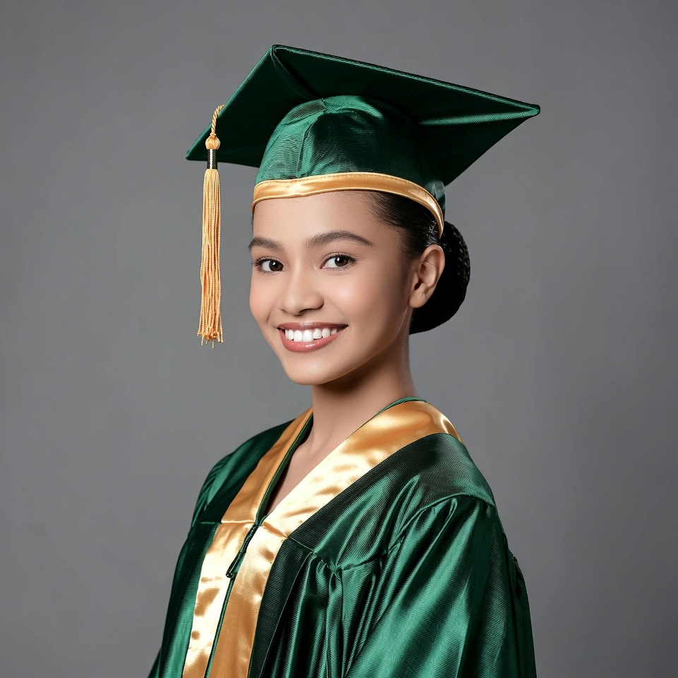 Asian girl in green graduation gown Asian girl in green graduation gown