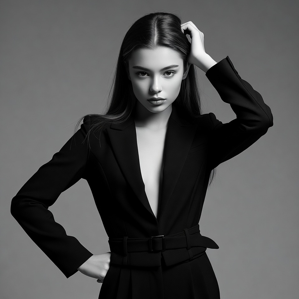 Woman in black blazer touching hair Woman in black blazer touching hair