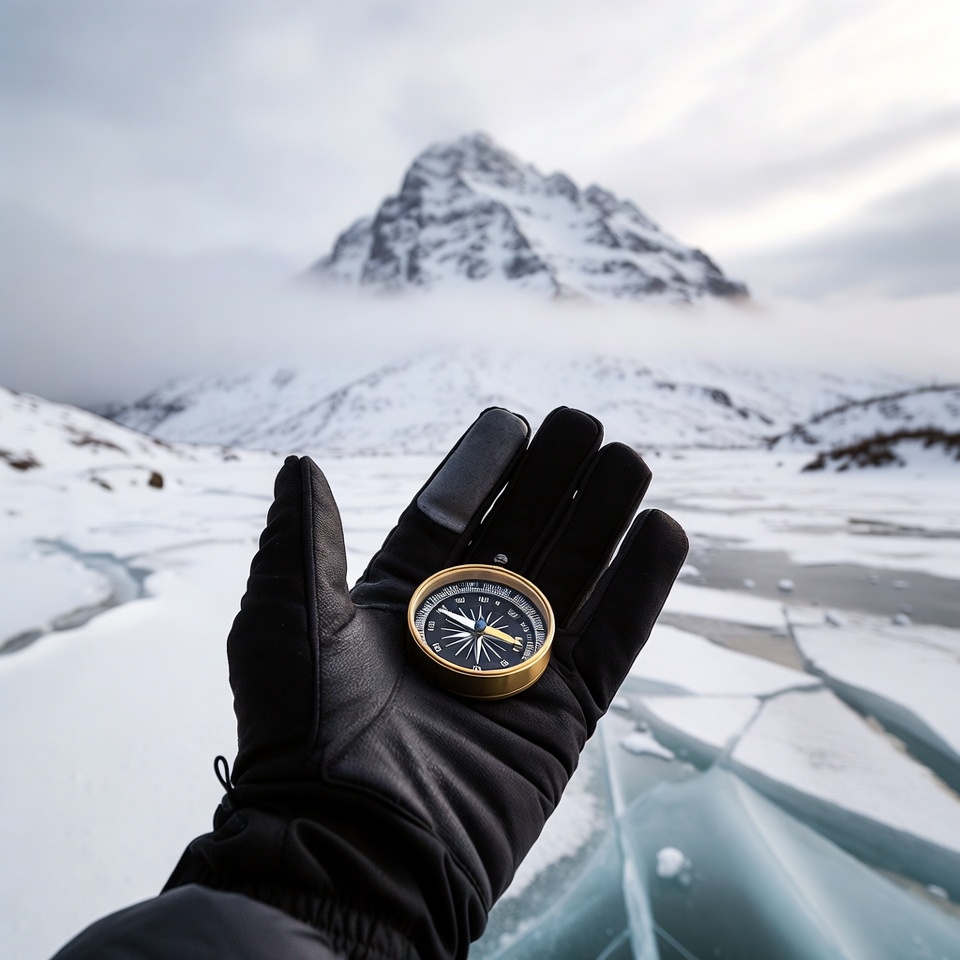 Hand holding compass with snowy mountain Hand holding compass with snowy mountain