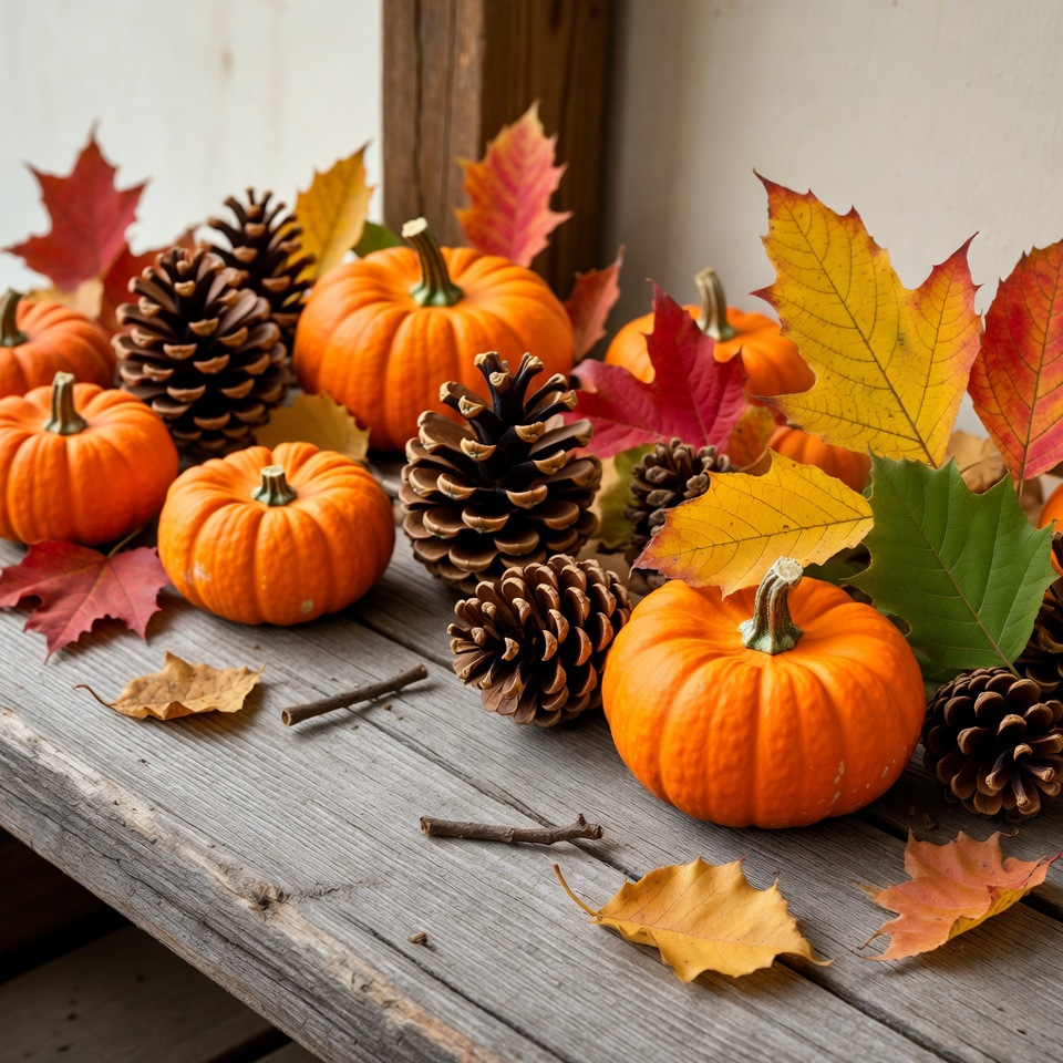 Autumn Pumpkins and Pinecones on Wooden Table Autumn Pumpkins and Pinecones on Wooden Table