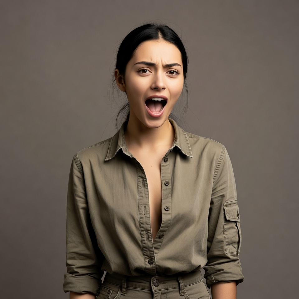 Asian woman screaming in khaki shirt Asian woman screaming in khaki shirt