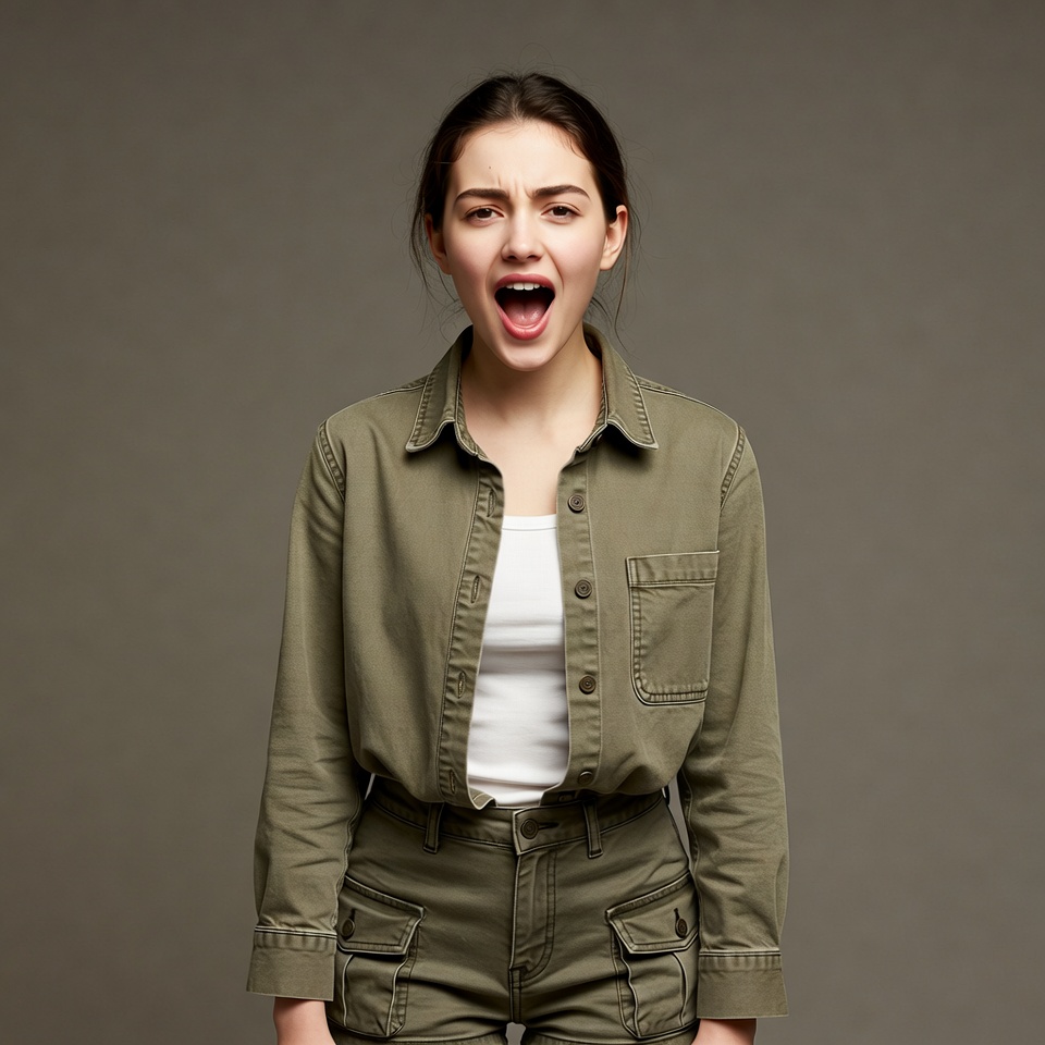 Young woman screaming in green jacket Young woman screaming in green jacket