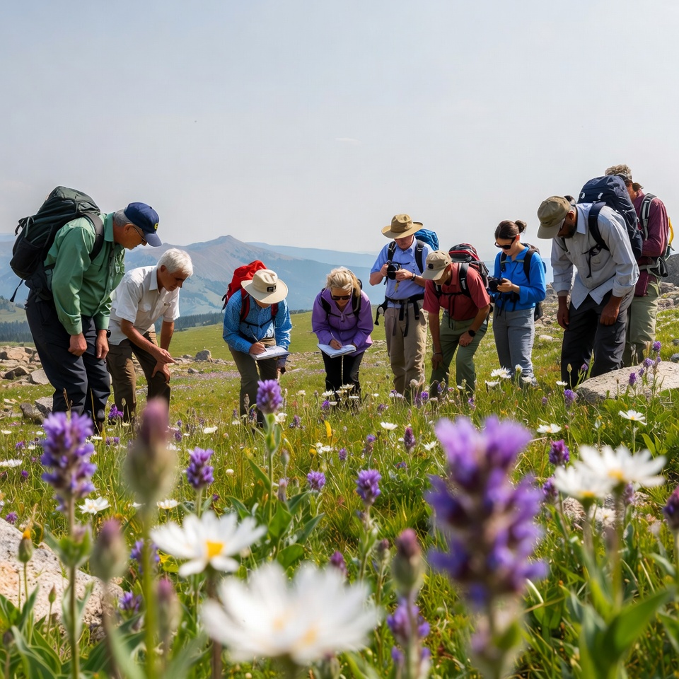 Group examining wildflowers in mountains Group examining wildflowers in mountains
