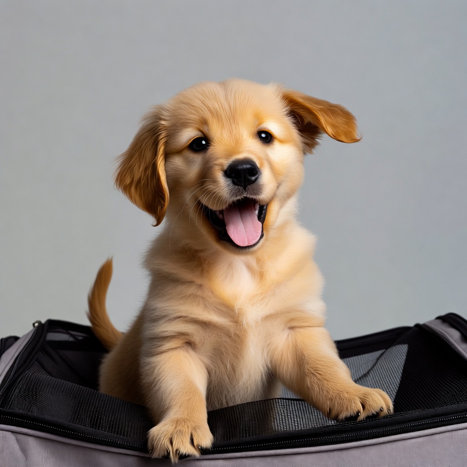Golden Retriever Puppy in Pet Carrier Golden Retriever Puppy in Pet Carrier