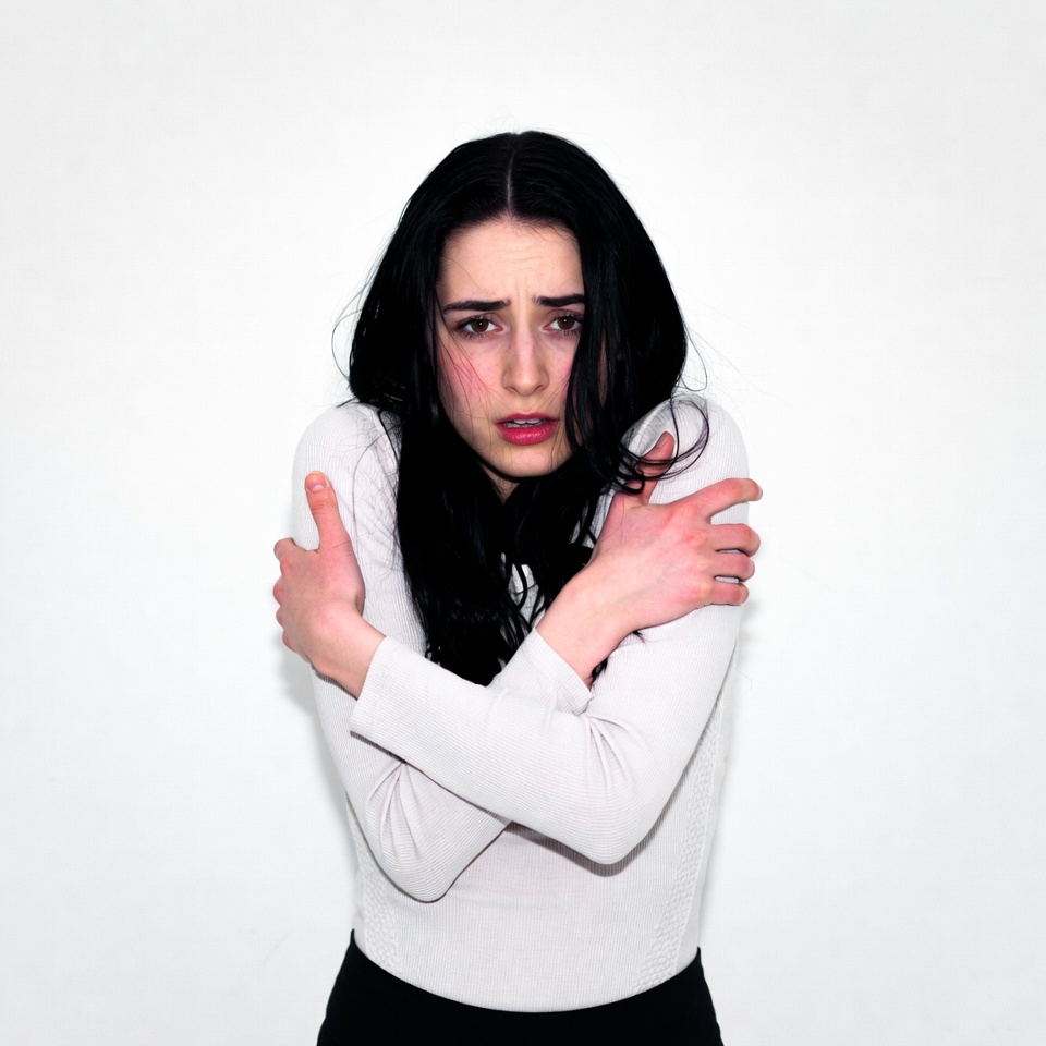 Woman shivering with arms crossed Woman shivering with arms crossed