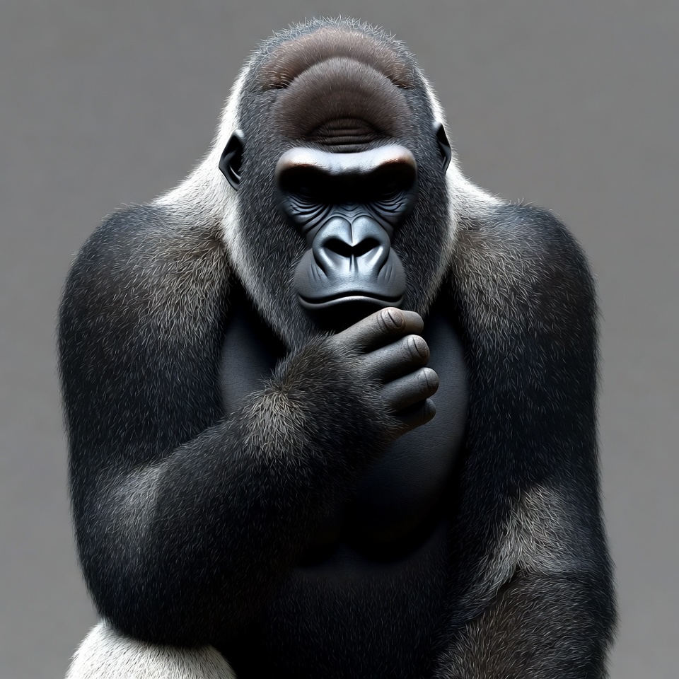 Gorilla thinking with hand on chin Gorilla thinking with hand on chin