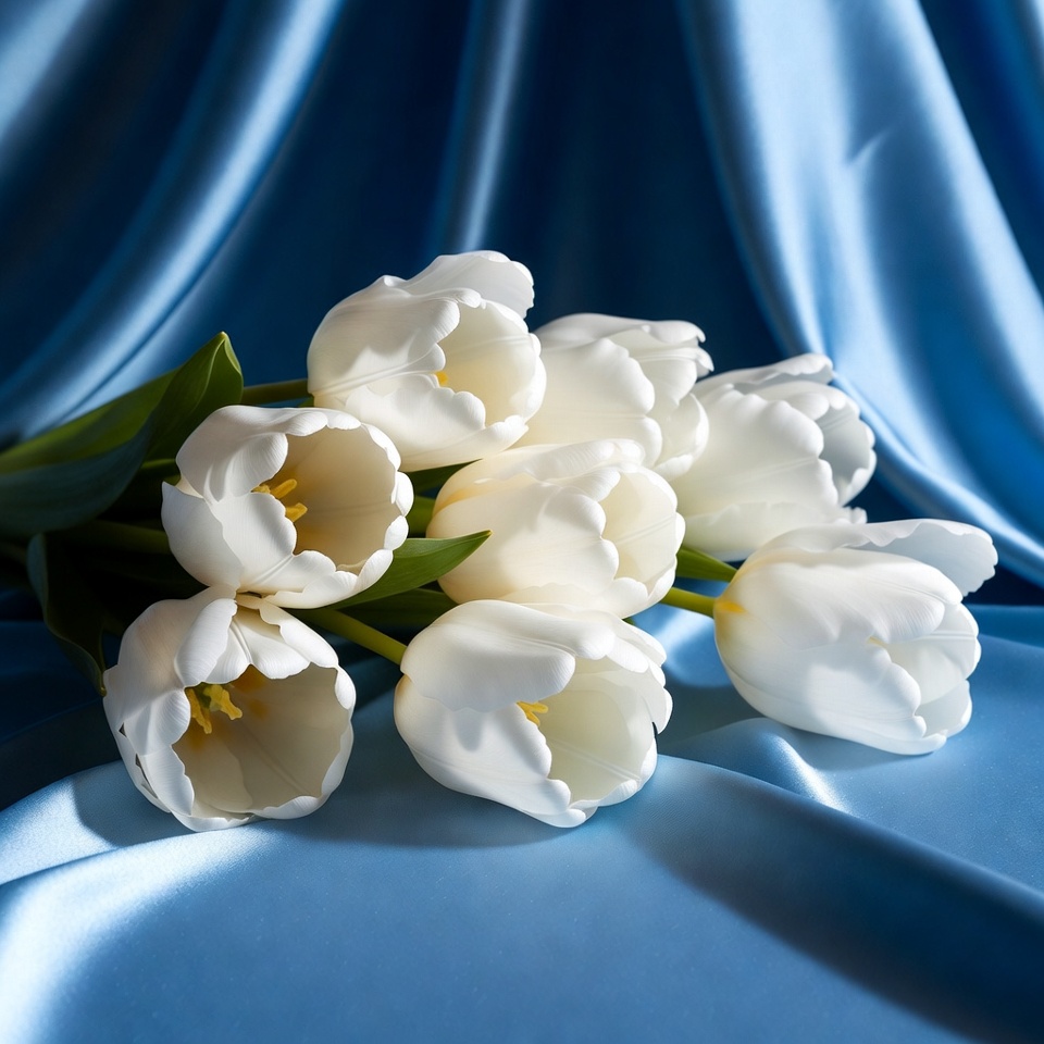 White tulips on blue silk White tulips on blue silk