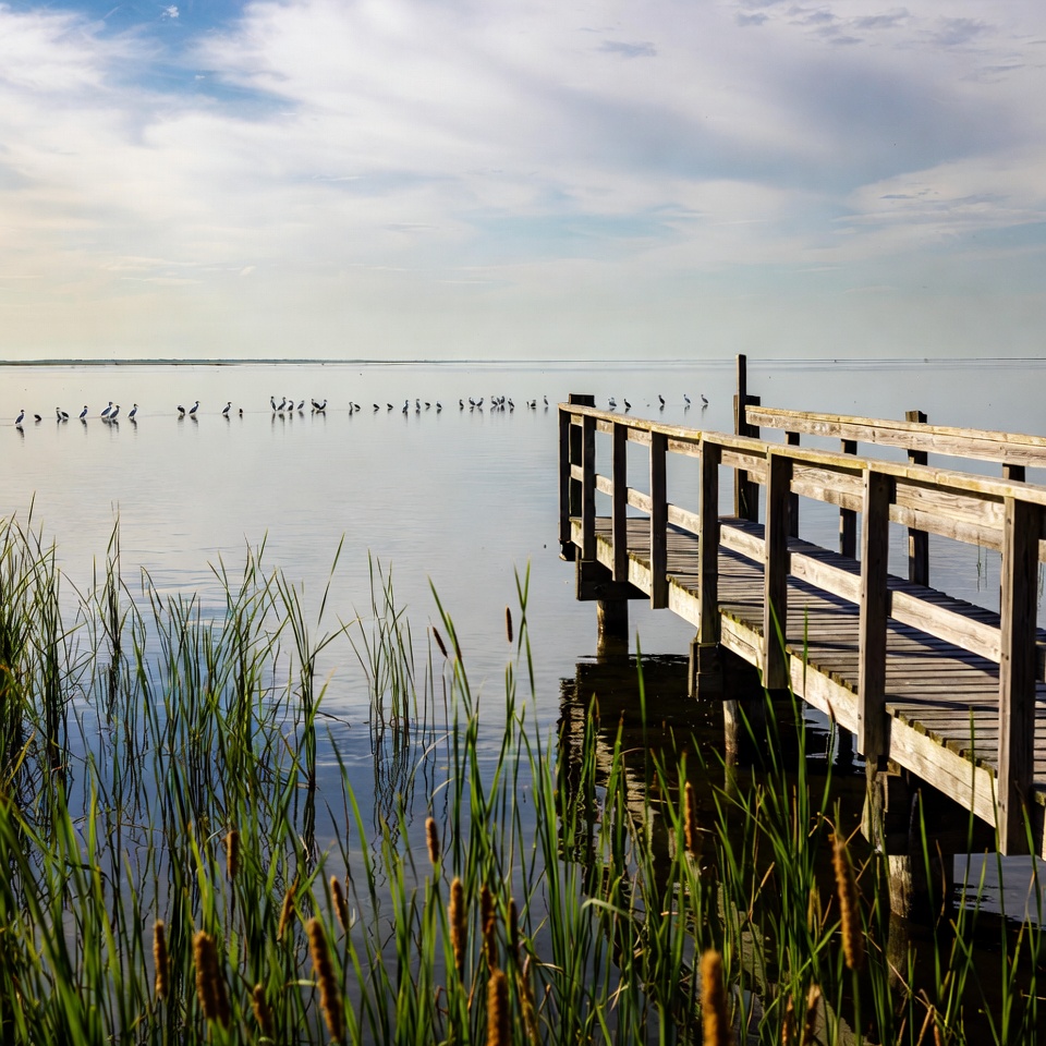 Wooden pier extending over marsh water Wooden pier extending over marsh water
