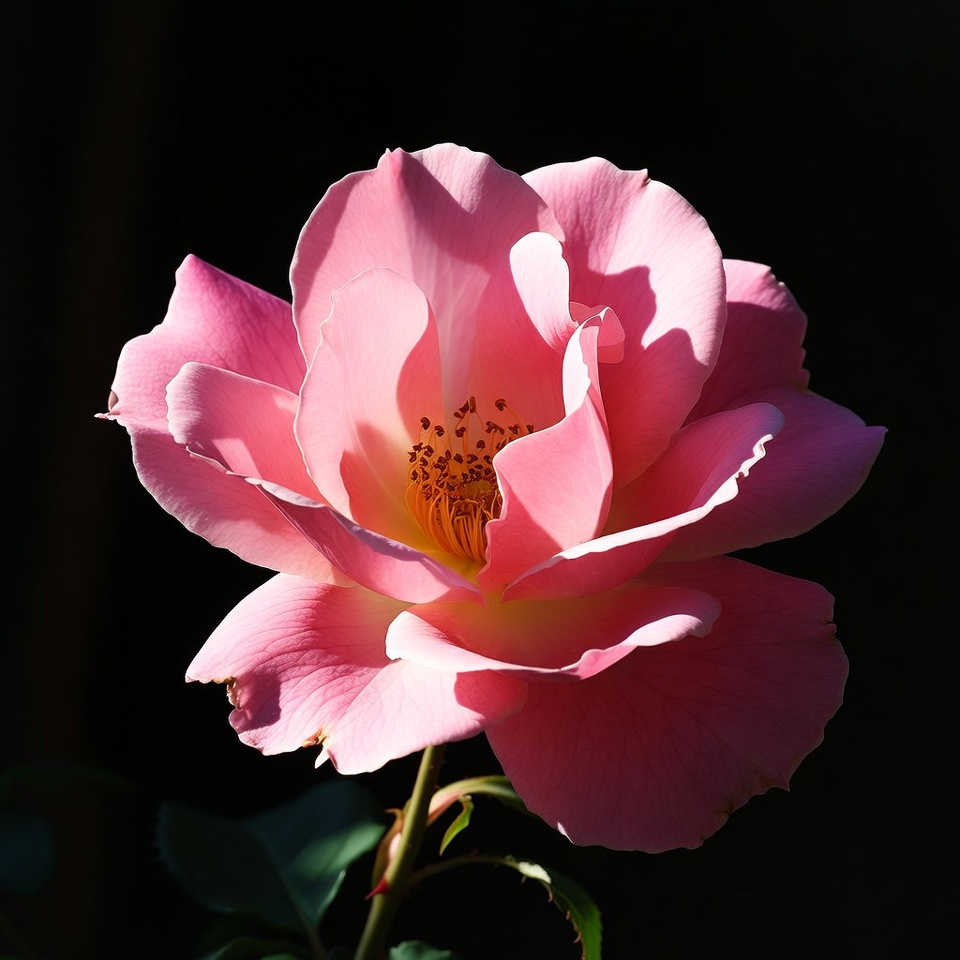 Pink Rose Bloom on Black Background Pink Rose Bloom on Black Background