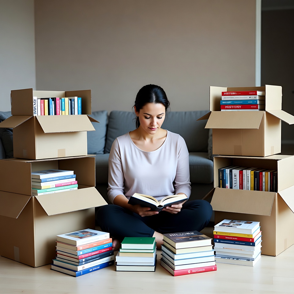 Woman reading book surrounded by moving boxes Woman reading book surrounded by moving boxes