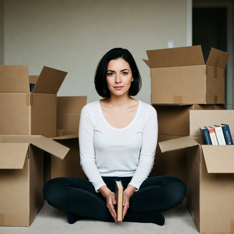 Woman sitting with book among moving boxes Woman sitting with book among moving boxes