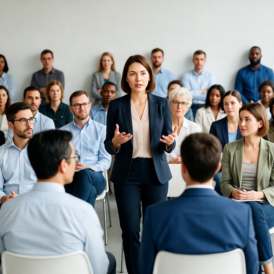 Woman presenting to diverse business audience Woman presenting to diverse business audience