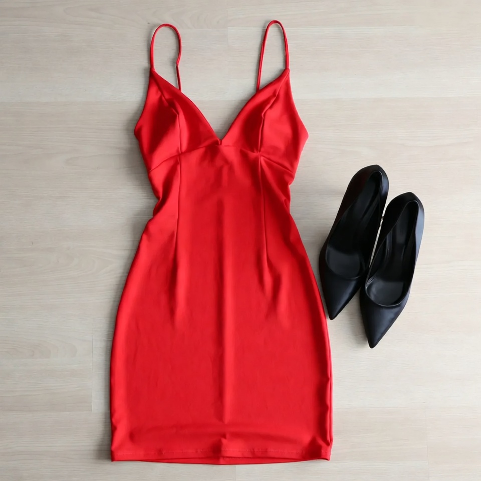 Red Spaghetti Strap Dress with Black Heels Red Spaghetti Strap Dress with Black Heels