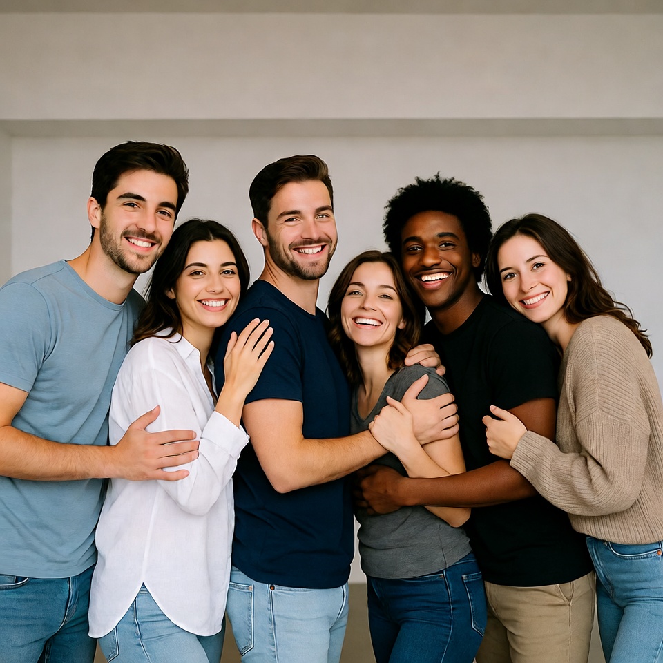 Group of friends hugging together Group of friends hugging together