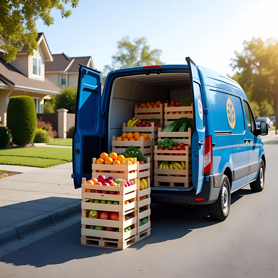 Blue Delivery Van Loaded with Fresh Produce Blue Delivery Van Loaded with Fresh Produce