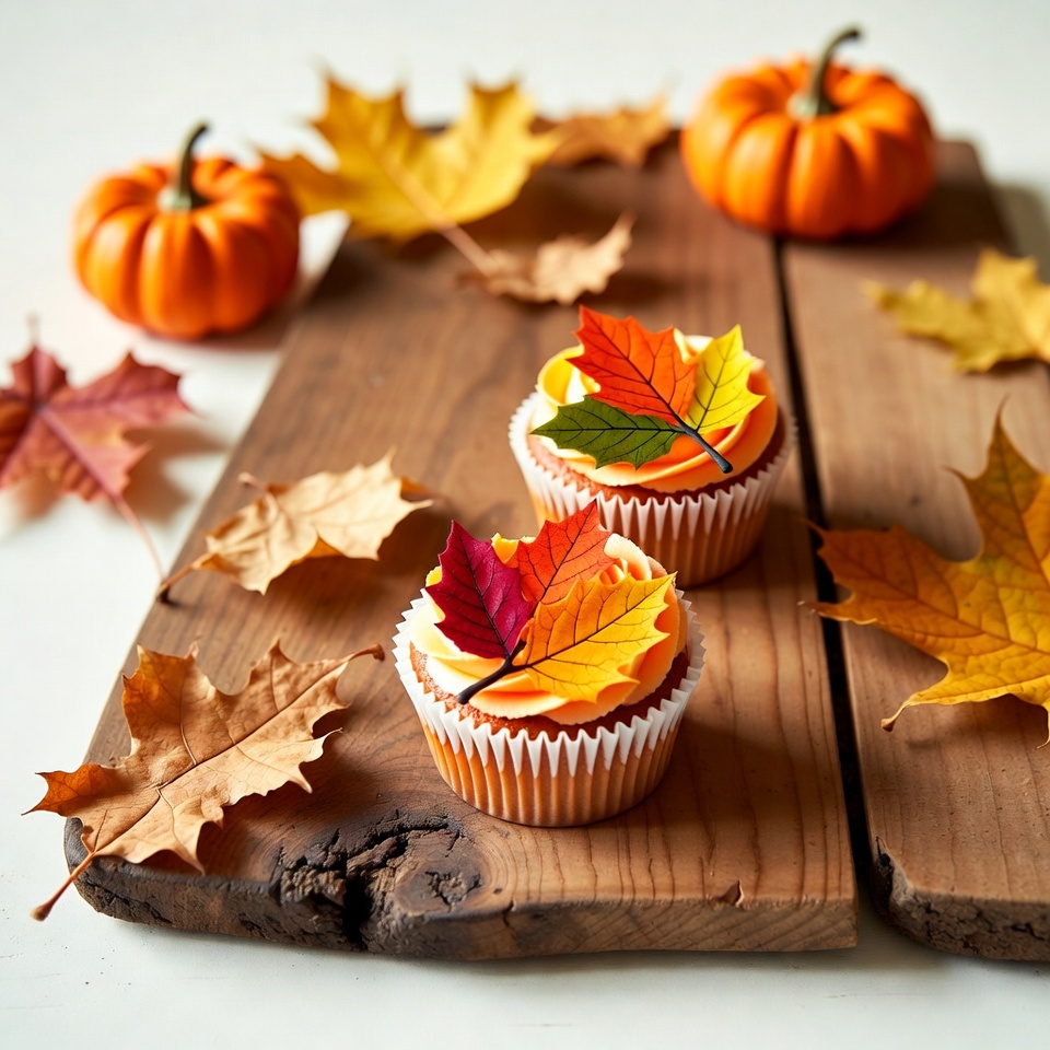 Autumn Cupcakes with Maple Leaves Pumpkins Autumn Cupcakes with Maple Leaves Pumpkins