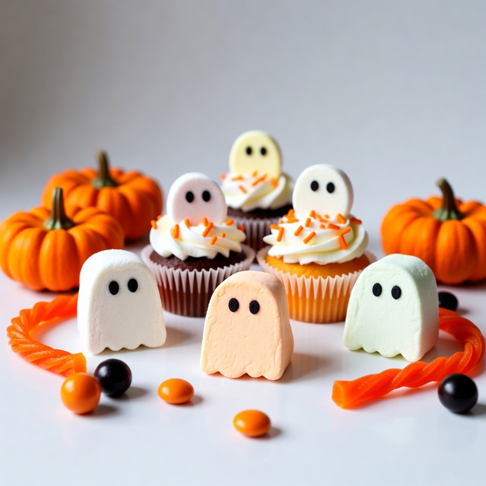 Halloween Ghost Cupcakes with Pumpkins Halloween Ghost Cupcakes with Pumpkins