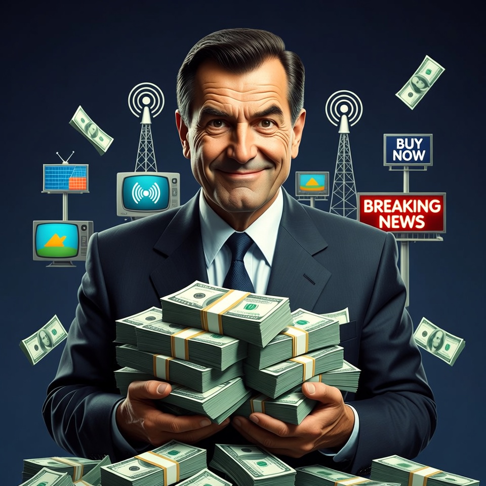 Man holding stacks of money with news media Man holding stacks of money with news media
