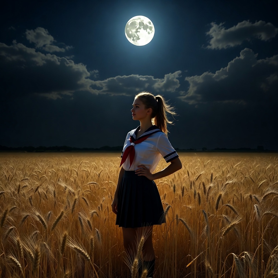 Girl in sailor uniform in wheat field under moon Girl in sailor uniform in wheat field under moon