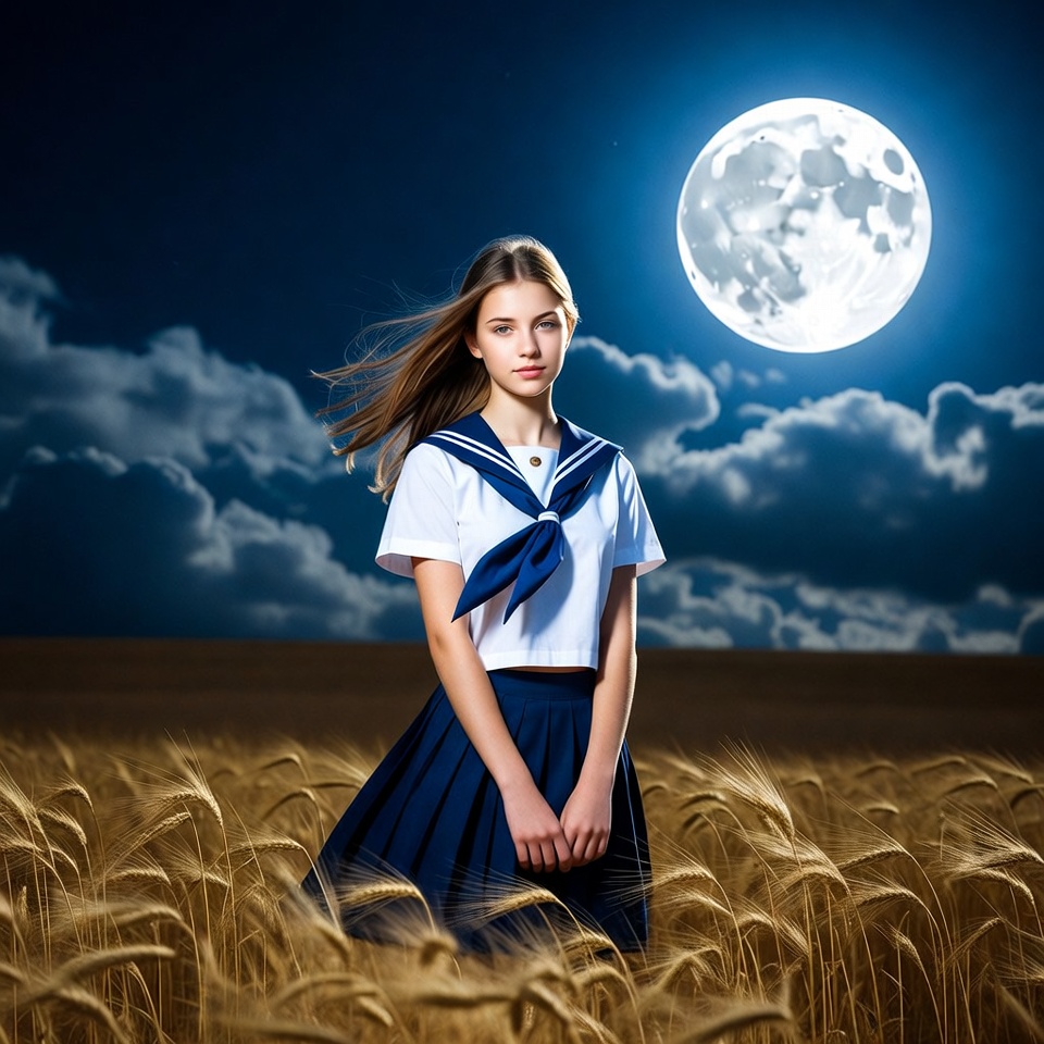 Girl in sailor uniform in wheat field Girl in sailor uniform in wheat field