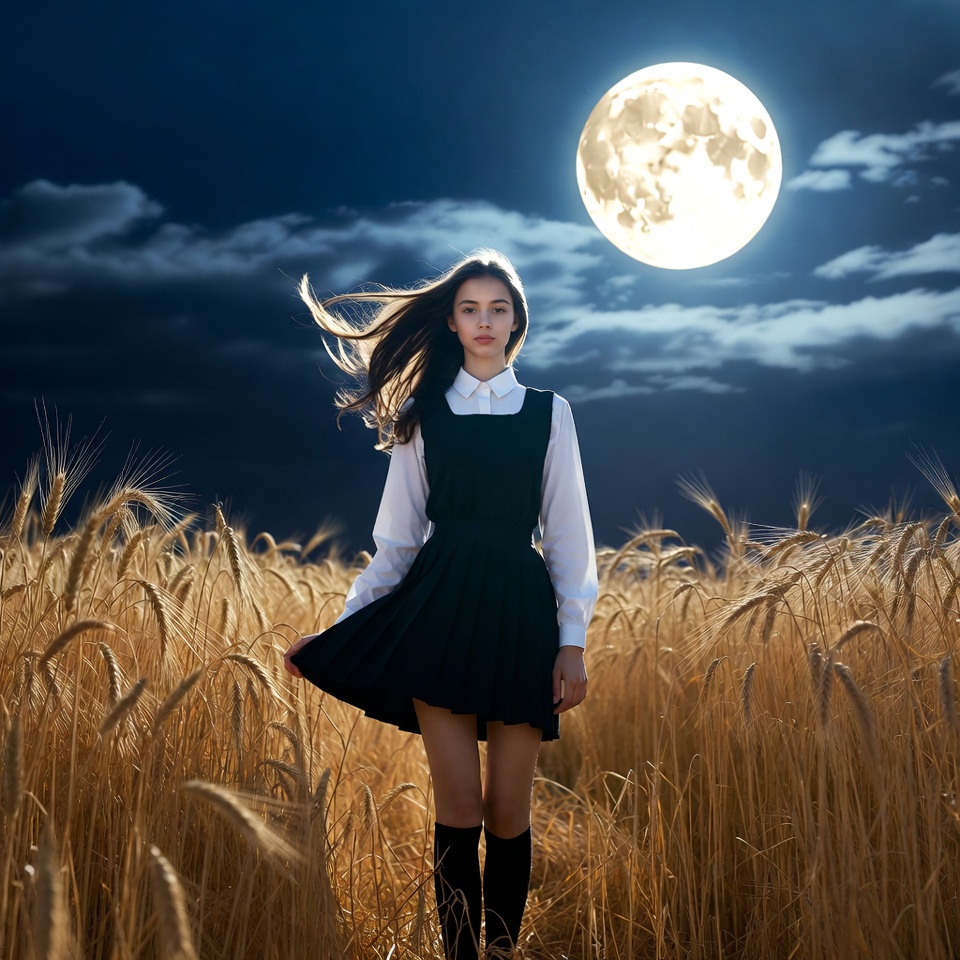 Girl in school uniform in wheat field under moon Girl in school uniform in wheat field under moon