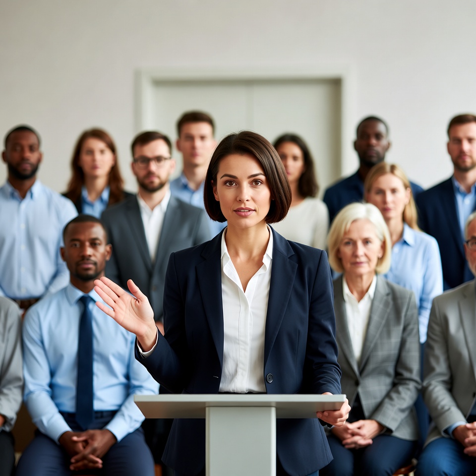 Woman speaking at podium to diverse audience Woman speaking at podium to diverse audience