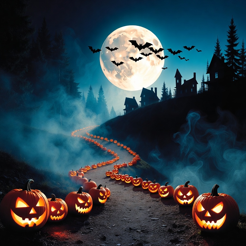 Halloween pumpkin path to haunted castle Halloween pumpkin path to haunted castle