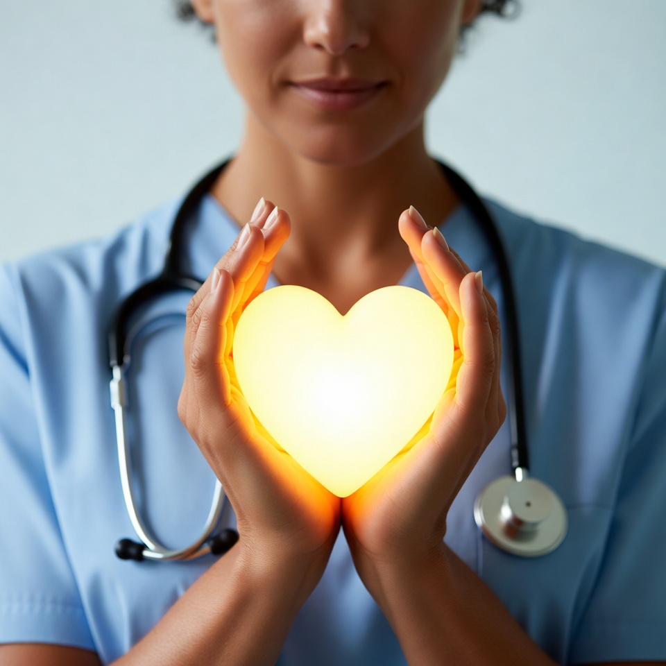 African-American nurse holding glowing heart African-American nurse holding glowing heart