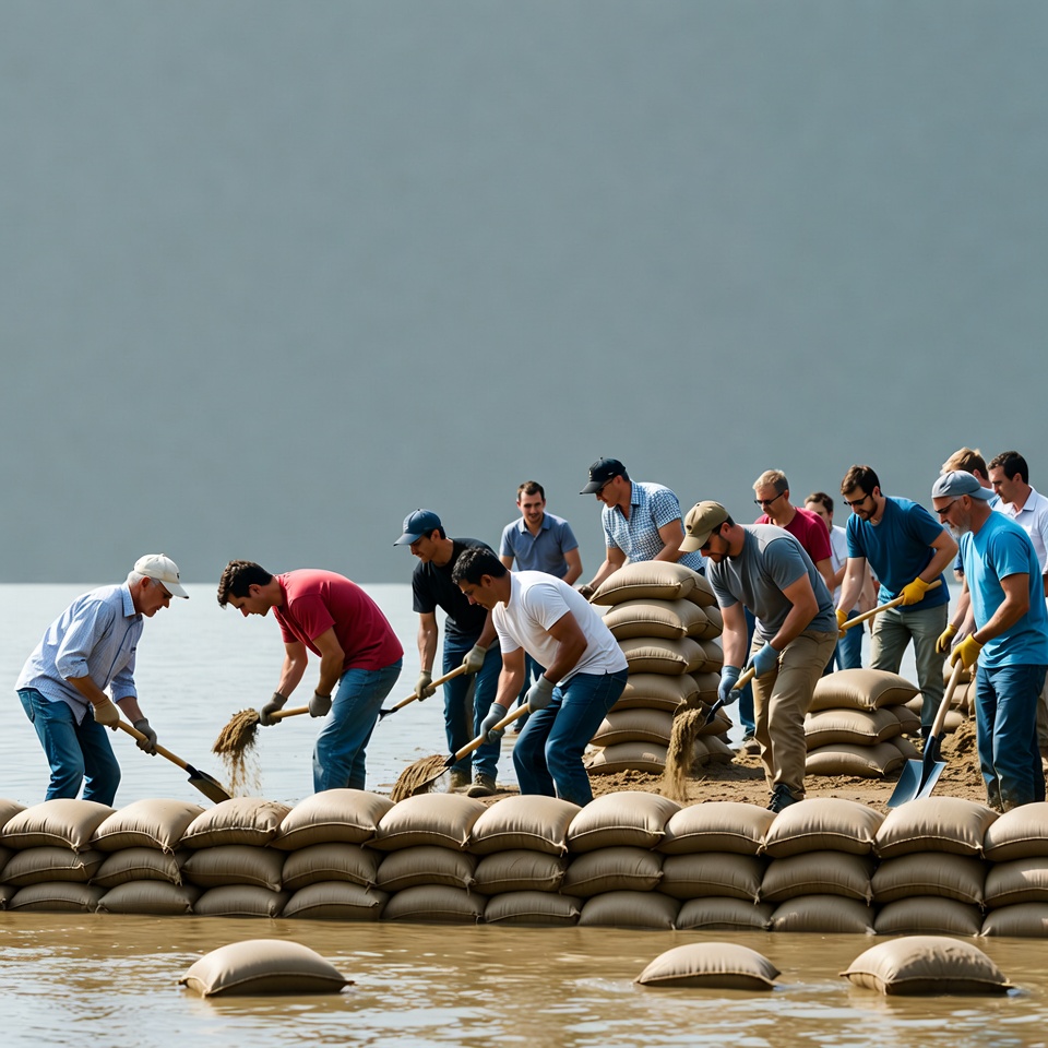 Men building sandbag flood barrier Men building sandbag flood barrier