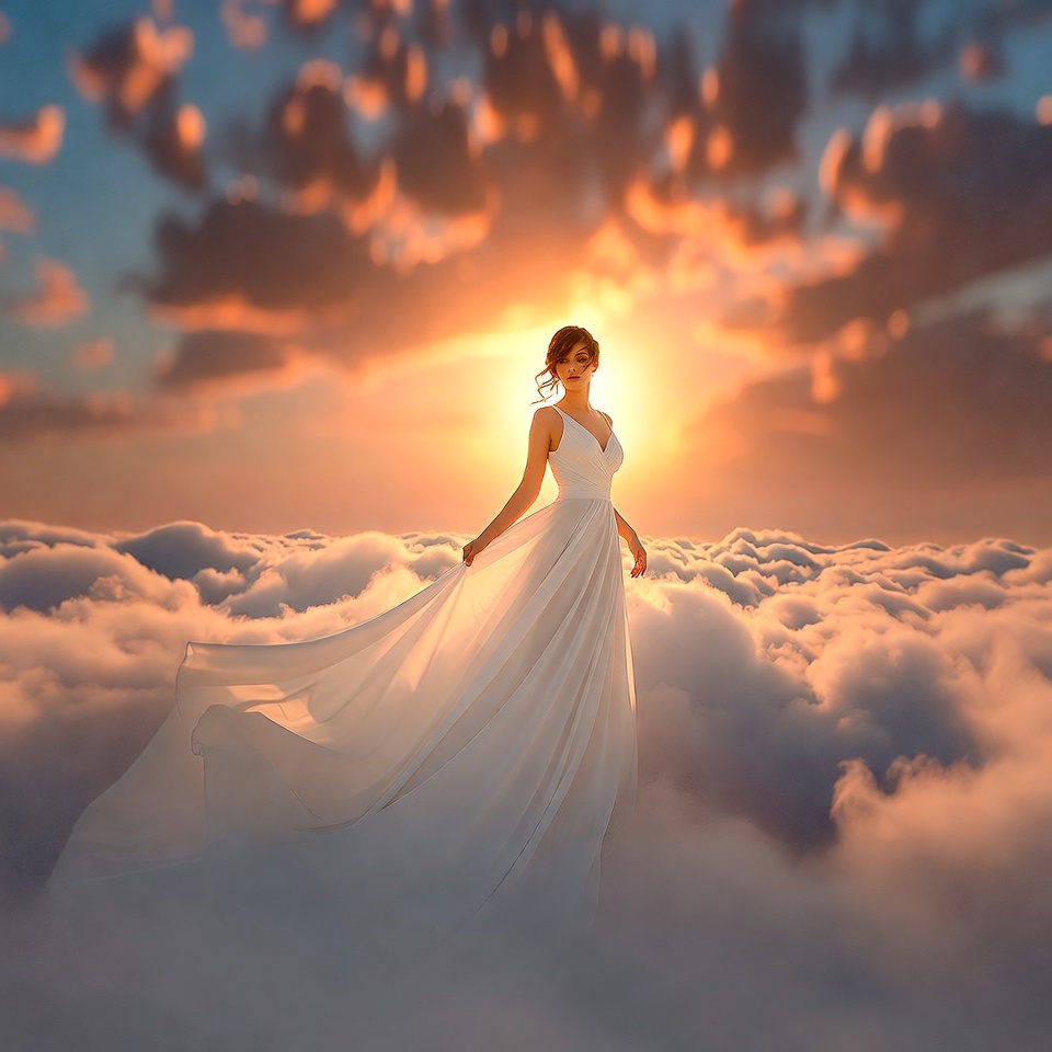 Woman in white gown on clouds Woman in white gown on clouds
