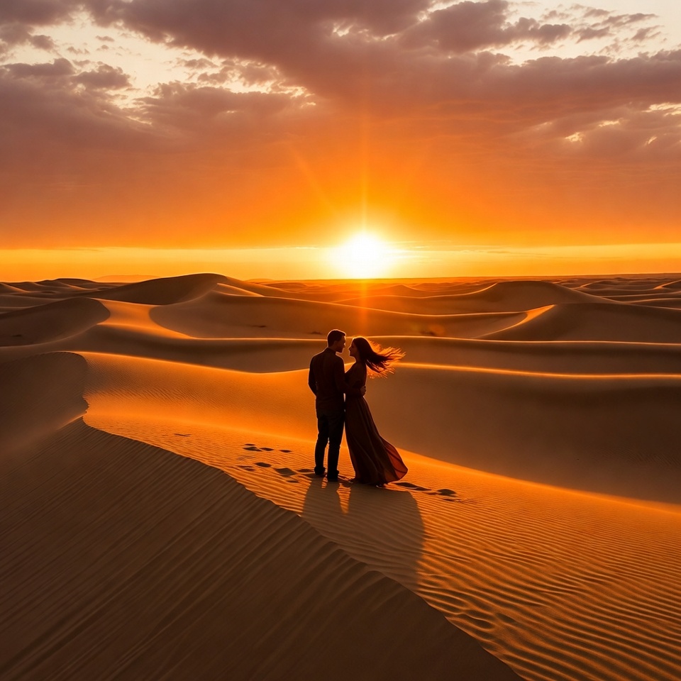 Couple embracing at sunset in desert Couple embracing at sunset in desert