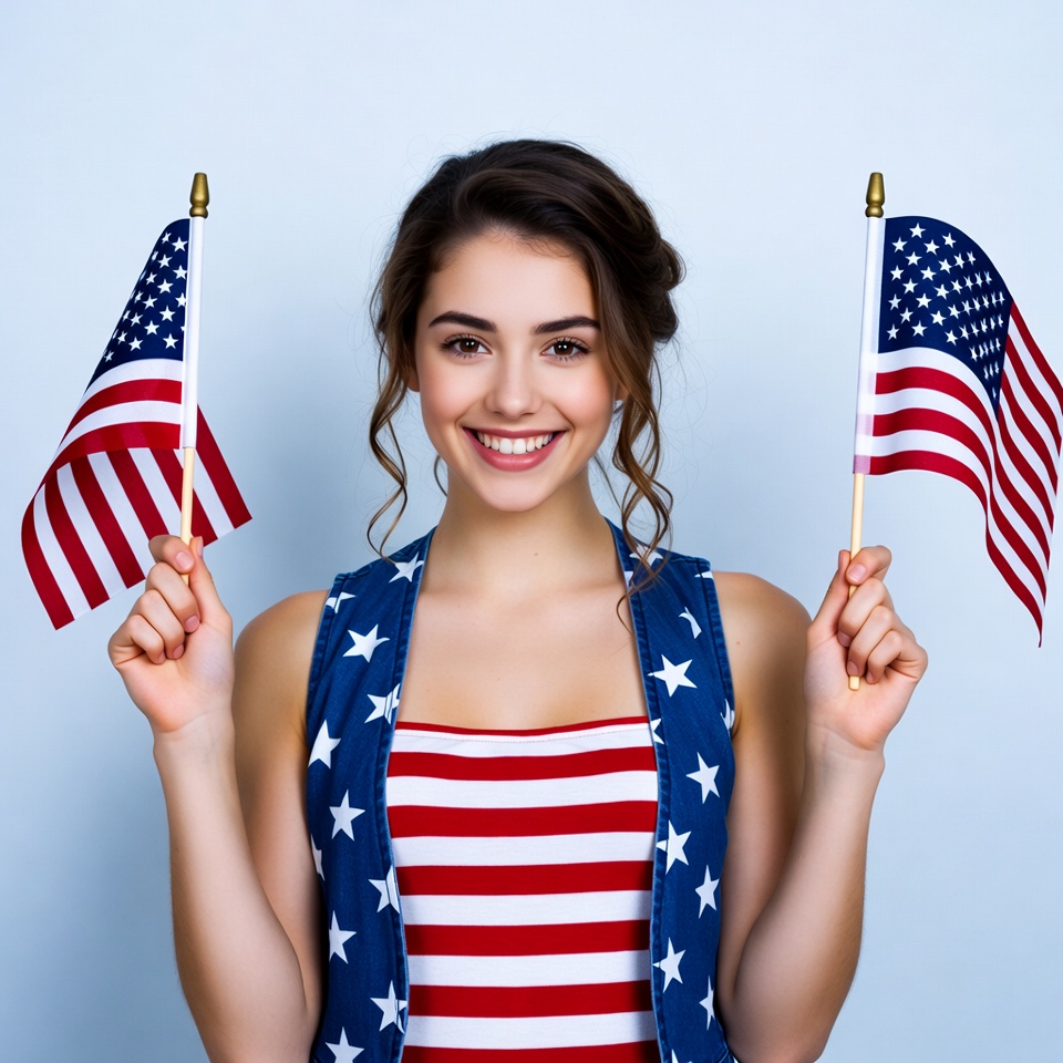 Smiling woman holding American flags Smiling woman holding American flags