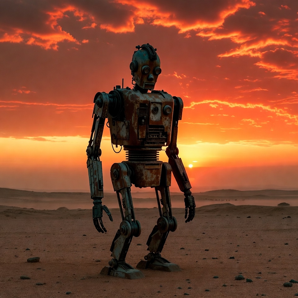 Rusty Robot Standing in Desert Sunset Rusty Robot Standing in Desert Sunset
