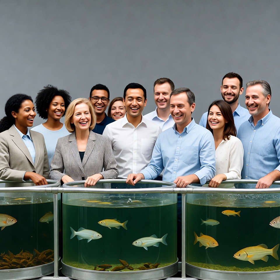 Diverse group smiling at fish tanks Diverse group smiling at fish tanks