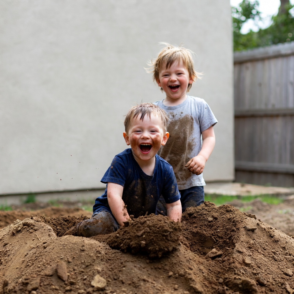 Two boys playing in mud pile Two boys playing in mud pile